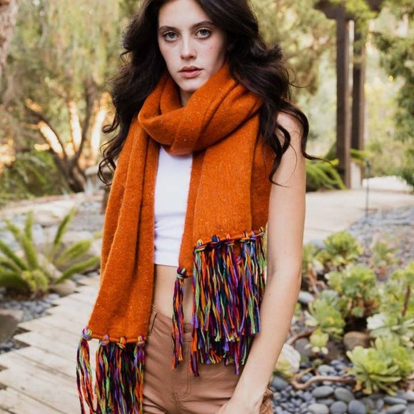 NEW Luxe Line Boho Festival Style Fringe Long Soft Wrap Scarf Orange or Hot Pink - Picture 5 of 6
